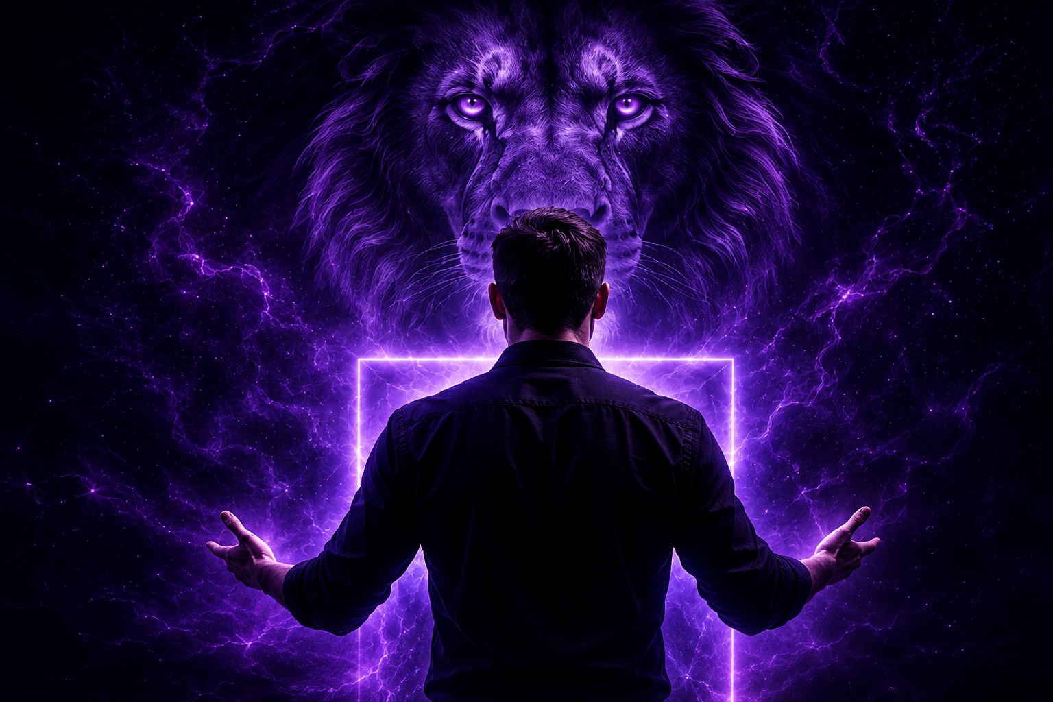 Mann vor leuchtendem violettem Löwen als Symbol für Hypnose, Bewusstsein und die Verbindung zum Unterbewusstsein.