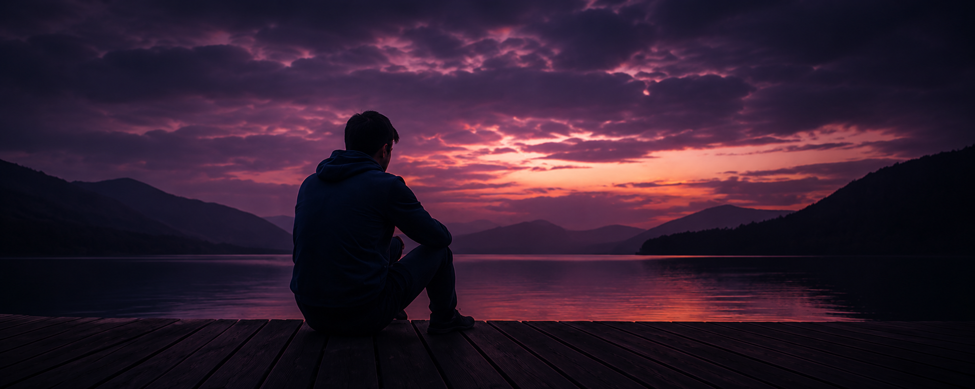 Nachdenklicher Mensch sitzt bei Sonnenuntergang allein an einem Bergsee