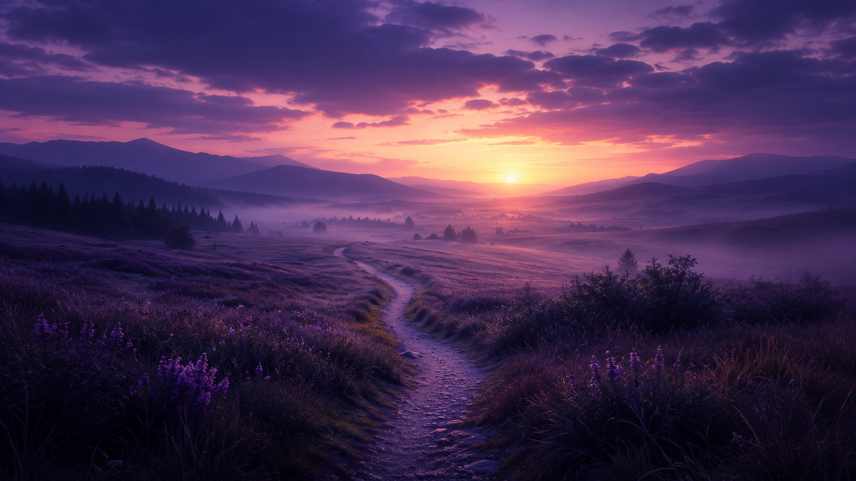 Weg durch eine violette Landschaft als Symbol für persönliche Entwicklung
