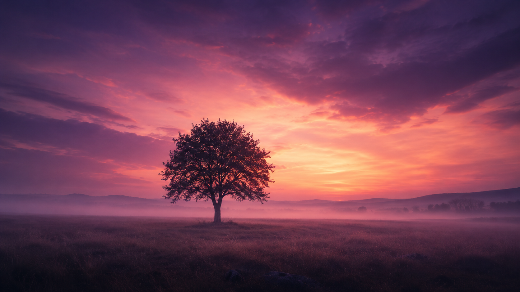 Einsamer Baum in violettem Abendlicht als Symbol für innere Stärke